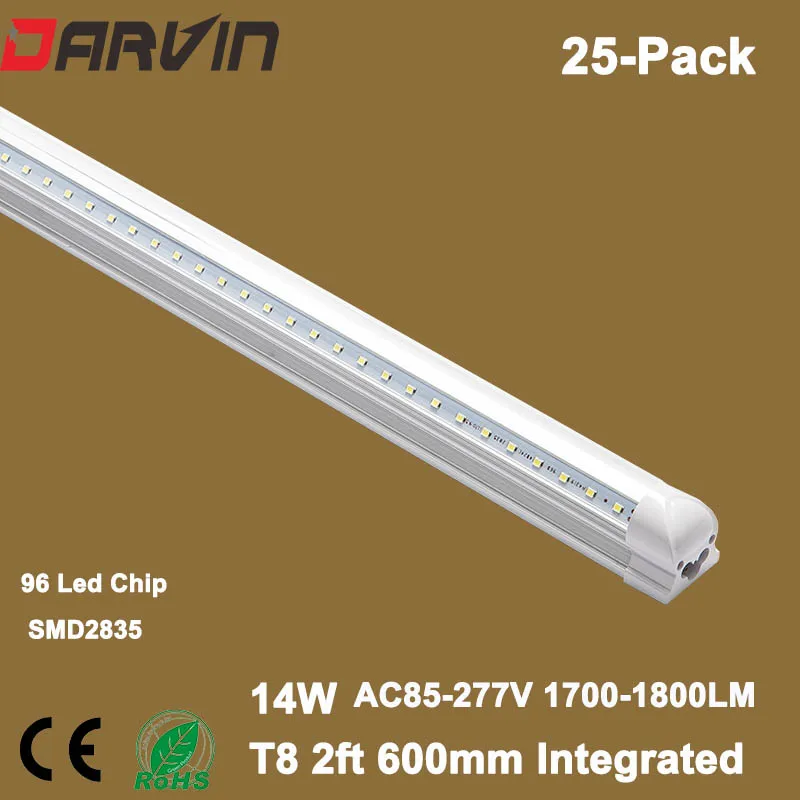 T8 14W LED Tubes 2Ft LED Integrated V shade Tube Lights Double Strips 60cm 96led Light Lamp Bulb 2feet 60cm AC85-265V