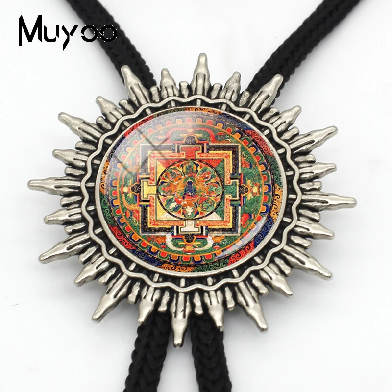 BOLO-00126 New Colorful Art Bolo Tie Vintage Mandala Flower Neck Tie Handmade Slide Glass Photo Jewelry Shirt Accessory for Gift