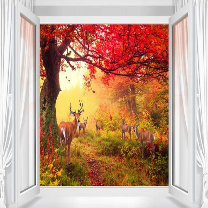 Decorative wallpaper Fantasy autumn 3d window curtains red leaf fawn TV background wall