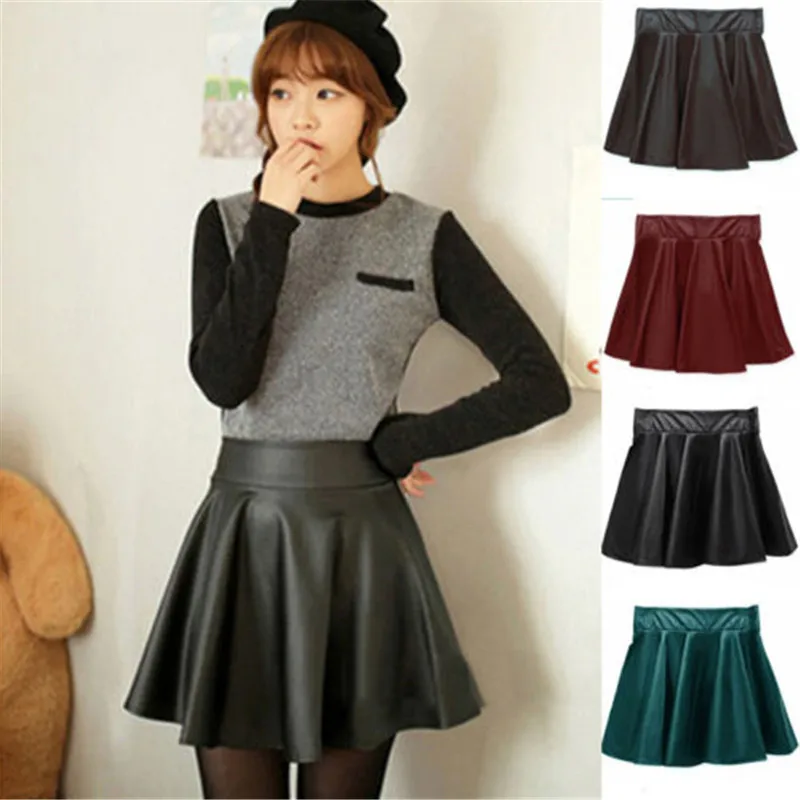 Sexy Women Slim PU Leather Skirt High Waist Short Mini Skirt Pleated Party Faux Leather Skater Flare Pleated Skirt Drop Shipping