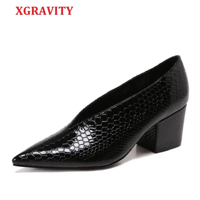 

XGRAVITY Crocodile Pattern Designer Vintage Evening Shoes Ladies Fashion Pointed Toe V Cut Woman Shoes High Heel Pumps Sexy C076