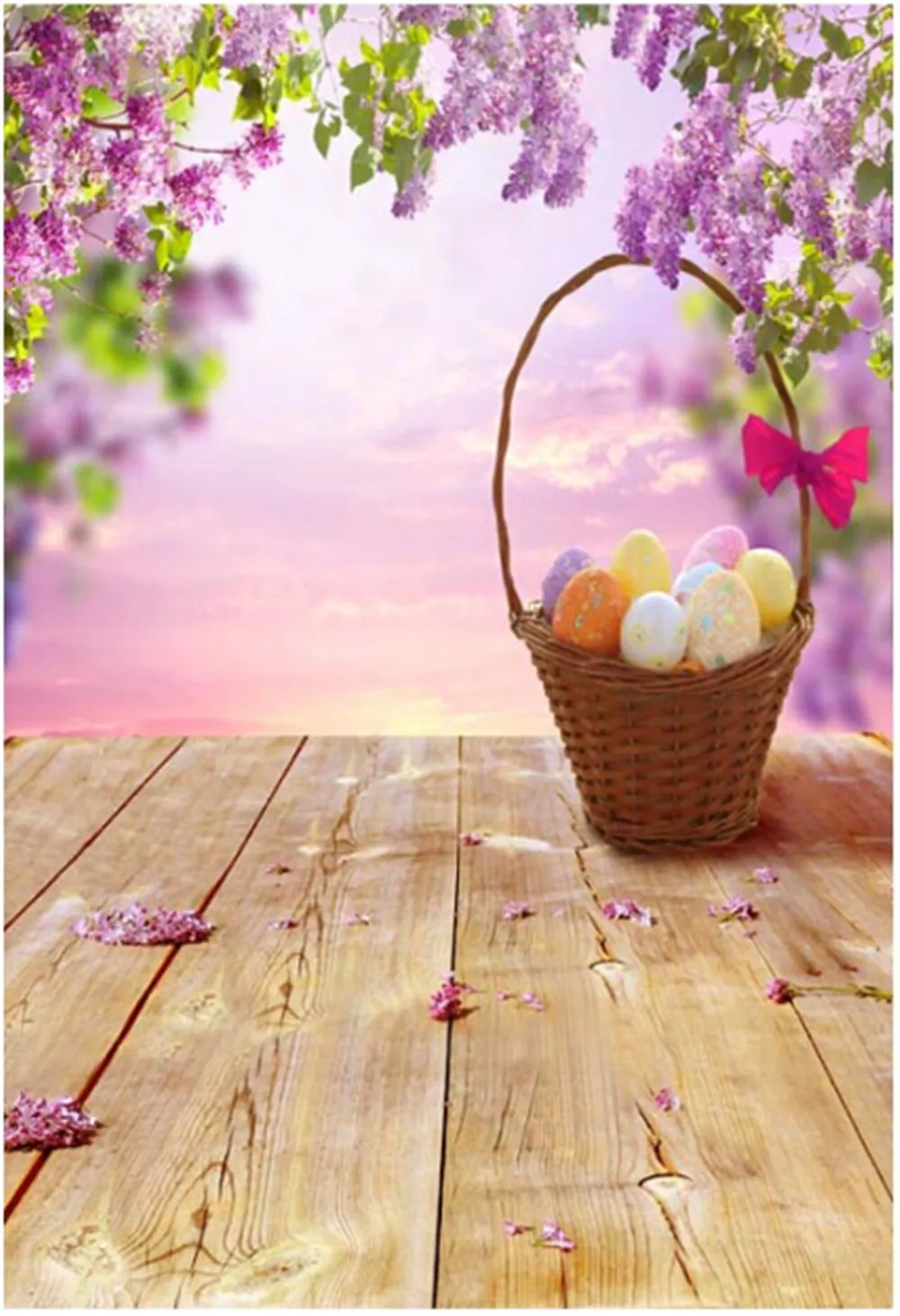 

Happy Easter Photography Backdrops Wood Floor Colorful Eggs Basket Purple Flower Blossoms Kids Children Photo Studio Backgrounds