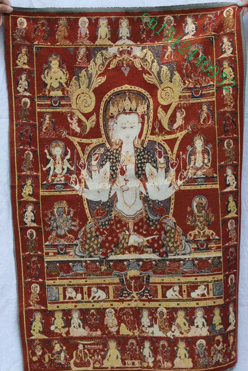 36 inch Tibet Buddhism Silk embroidery 3 Head 8 Arms Buddha Thangka Painting Mural