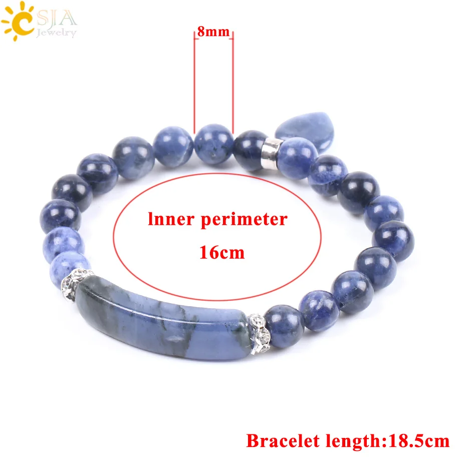 CSJA Natural Stone Sodalite Bracelets Beaded Bracelet for Women Men Love Heart Blue Beads Stretch Healing Buddhist Prayer F109