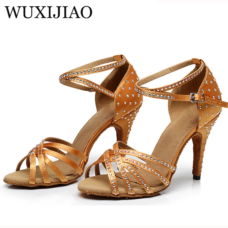 Wuxijiao-ラインストーン付きラテンサテンダンスシューズ,女性用,社交ダンス用,サルサ用,ヒール5〜10 cm