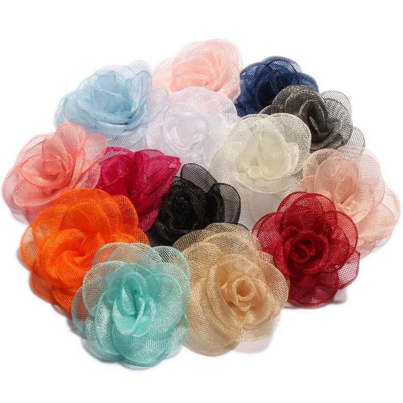 

10PCS 14colors 3.5cm Newborn Handmade Gauze Layered Hair Flower Vintage Rolled Rose Fabric Flowers for Hair Clips Accessories