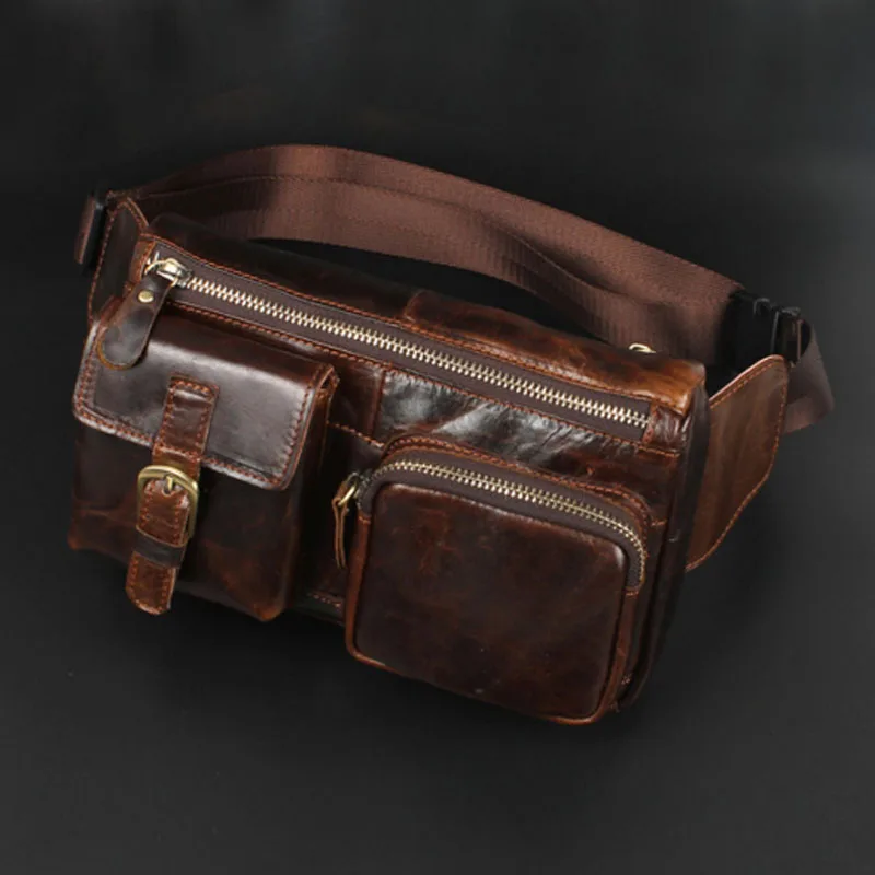 High Quality Real Cowhide Hip Fanny Belt Pack Pouch Single Shoulder Cross Body Bags Men Genuine Leather Bum Waist Chest Bags