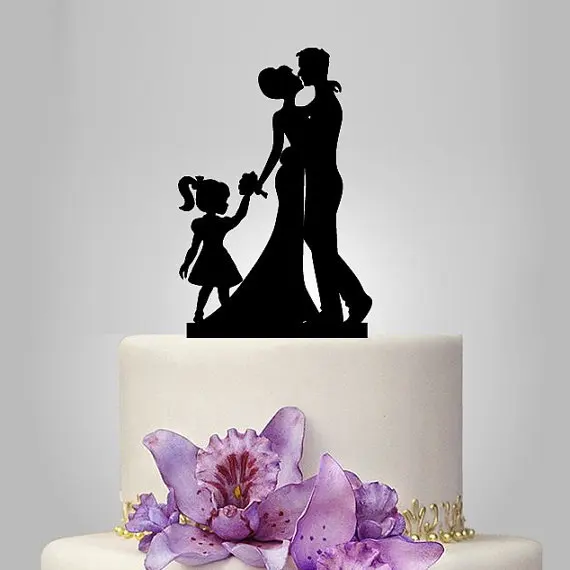 Acrylic glittery Wedding Cake Topper Silhouette, kissing silhouette topper, Bride and Groom and little girl cake decorations