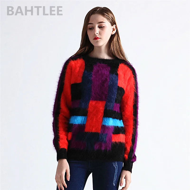 

BAHTLEE-Women's Angora Pullovers, Sweater, O-Neck, Long Sleeves, Colorblock, Multicolor, Keep Warm, Autumn, Winter