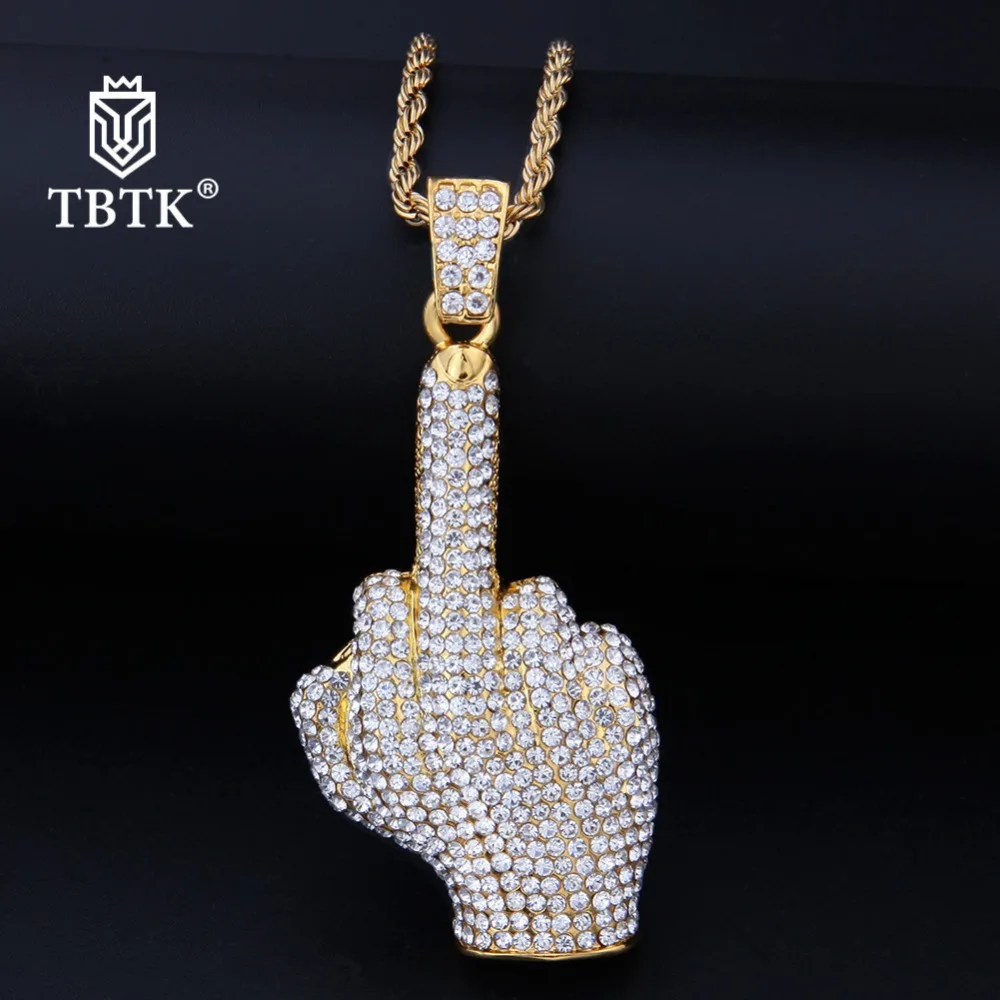 TBTK Western Street Style HipHop Necklace Erect Middle Finger Shape Pendant Rock Man Cool Girl Jewelry Paved Full of Zircon