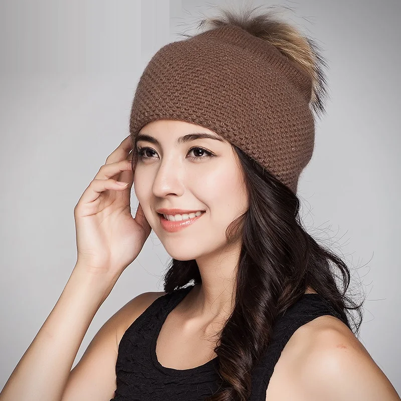 New Arrival Women 's Winter Wool Hat Female  Knitted Woolen  Hat Female New Version Warm Raccoon Fur Ball Hat B-7613