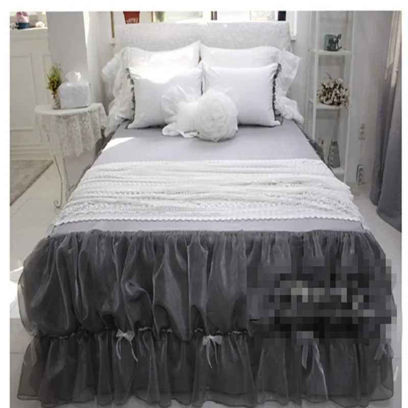 

Princess bow yarn ruffles bed skirt gray lace bedspread twin full queen king size постельное белье с рюшами free shipping YW