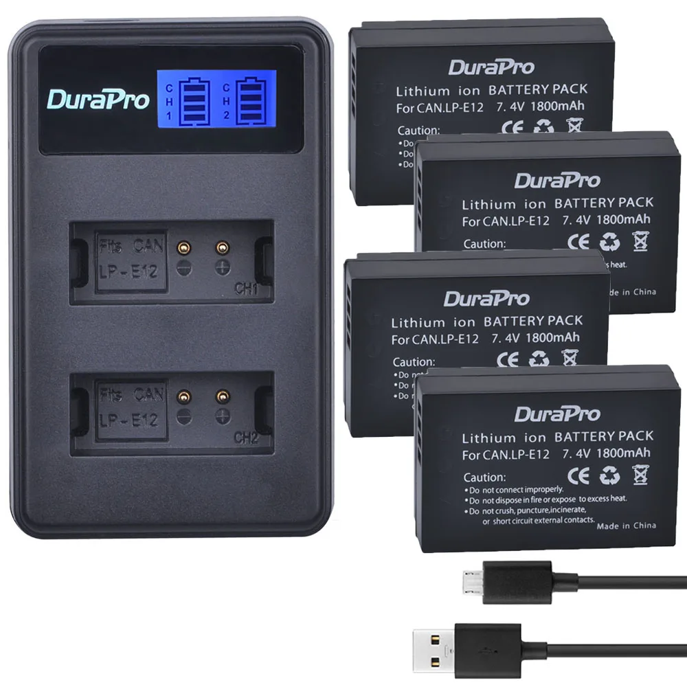 

DuraPro 4pc LP-E12 Bateria LPE12 Battery + LCD Dual Charger for Canon Rebel SL1 100D EOS-M EOS M2 EOS M10 Kiss X7 L50 Camera