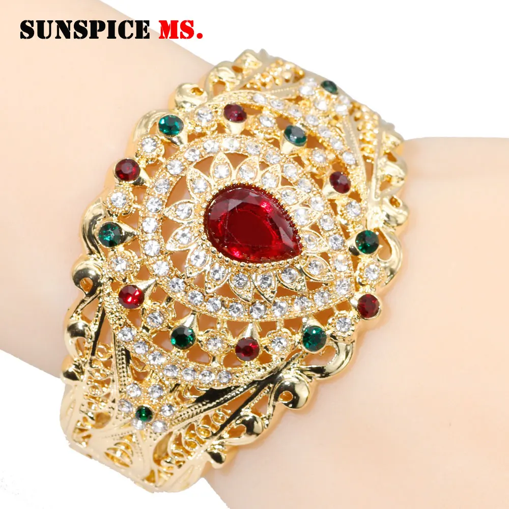 SUNSPICE-MS Gold Color Metal Morocco Bangles Love Jewelry For Women Wedding Dubai Bridal Gift Vintage Resin Flower Cuff Bracelet