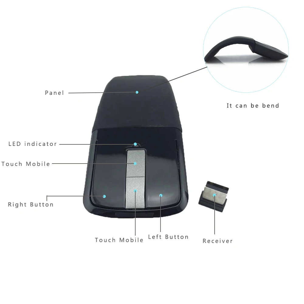 Foldable Wireless Computer Mouse Arc Touch Slim Optical Gaming Folding With USB Receiver For Microsoft PC Laptop