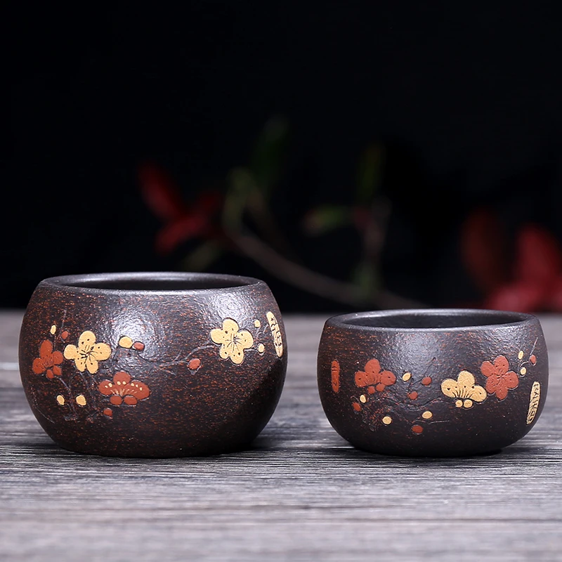 one cup real yixing zisha tea cups wintersweet flower relief handmade kungfu tea cup marked black galaxy clay cup of tea on sale