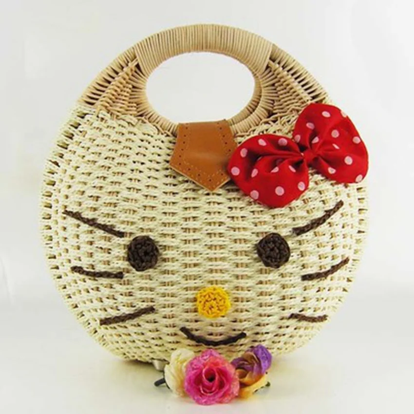 

College style new cute pattern straw holiday beach handbag retro bow women's portable straw bag