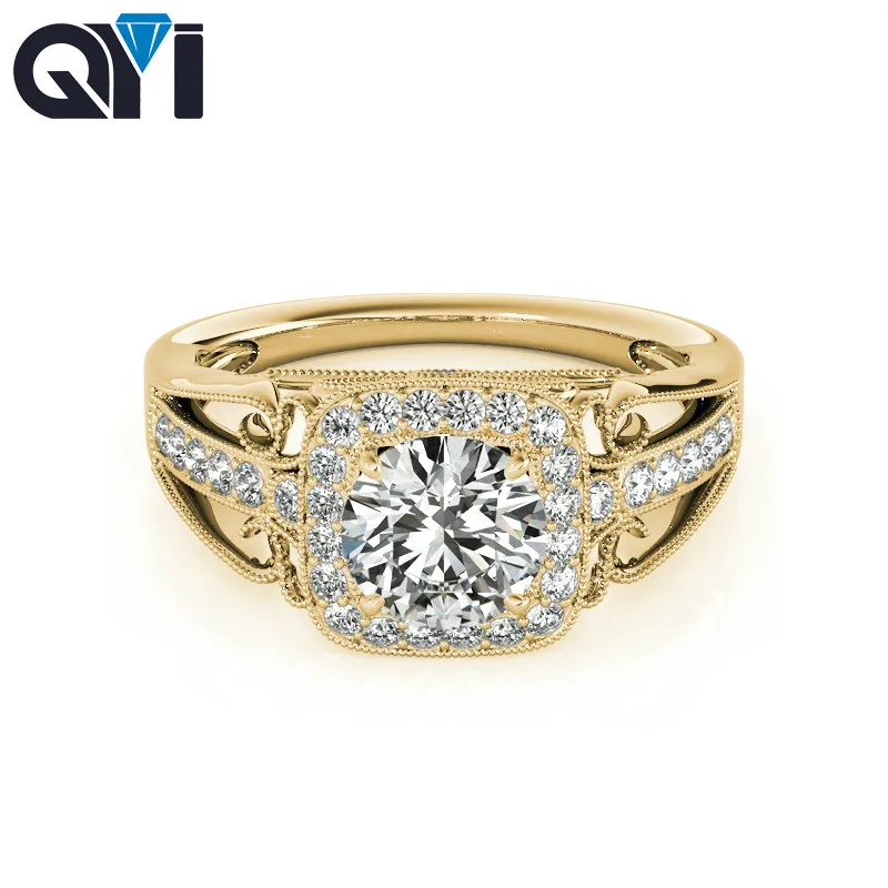 

QYI Women Engagement Ring Solid Yellow 14K Gold Round Cut 1 Carat Moissanite Diamond Jewelry Women Wedding Ring