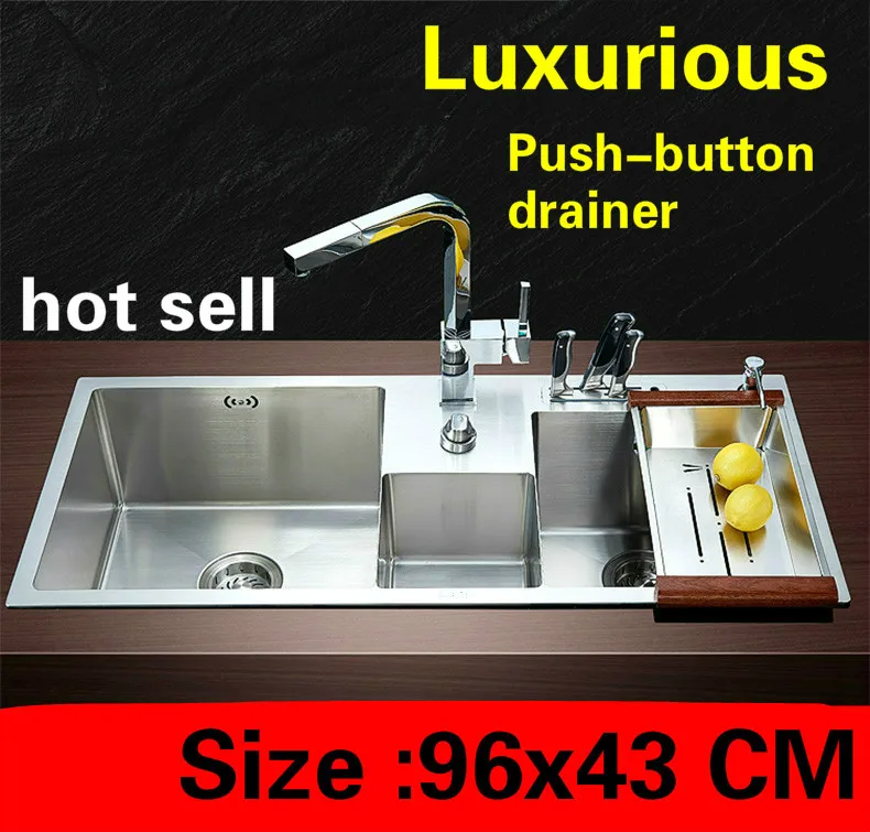 

Free shipping Apartment big kitchen manual sink double groove push button drainer luxury 304 stainless steel hot sell 960x430 MM