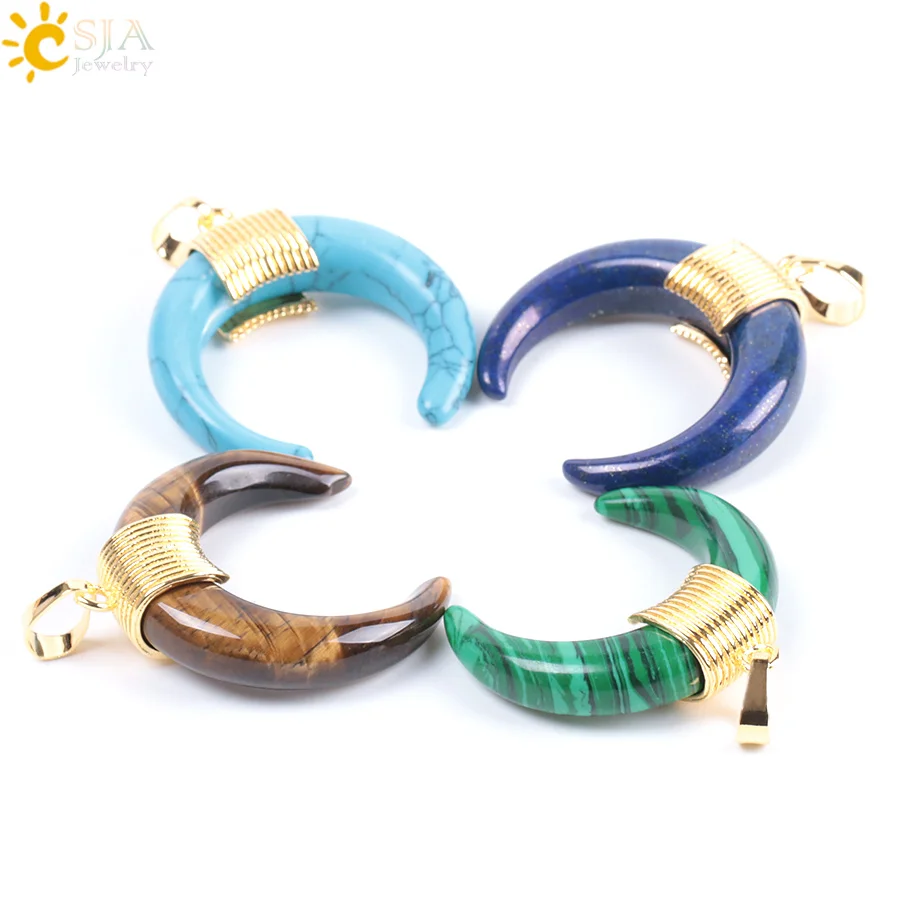 CSJA 42x34x10mm Fashion Natural Stone Crescent Half Moon Pendant Without Chain Charming Crystal Beads Wire Fit DIY Necklace F064