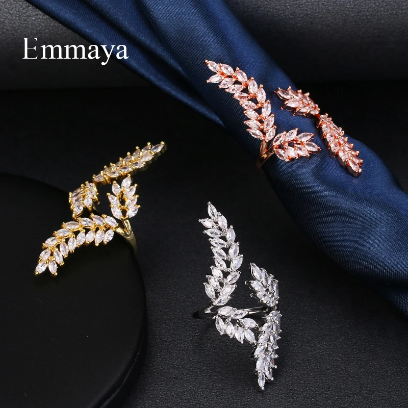 Emmaya Exquisite Shiny Leaf Shape Cubic Zircon Adjustable Ring for Women Gold Color Crystal Bague Gift Jewelry Party