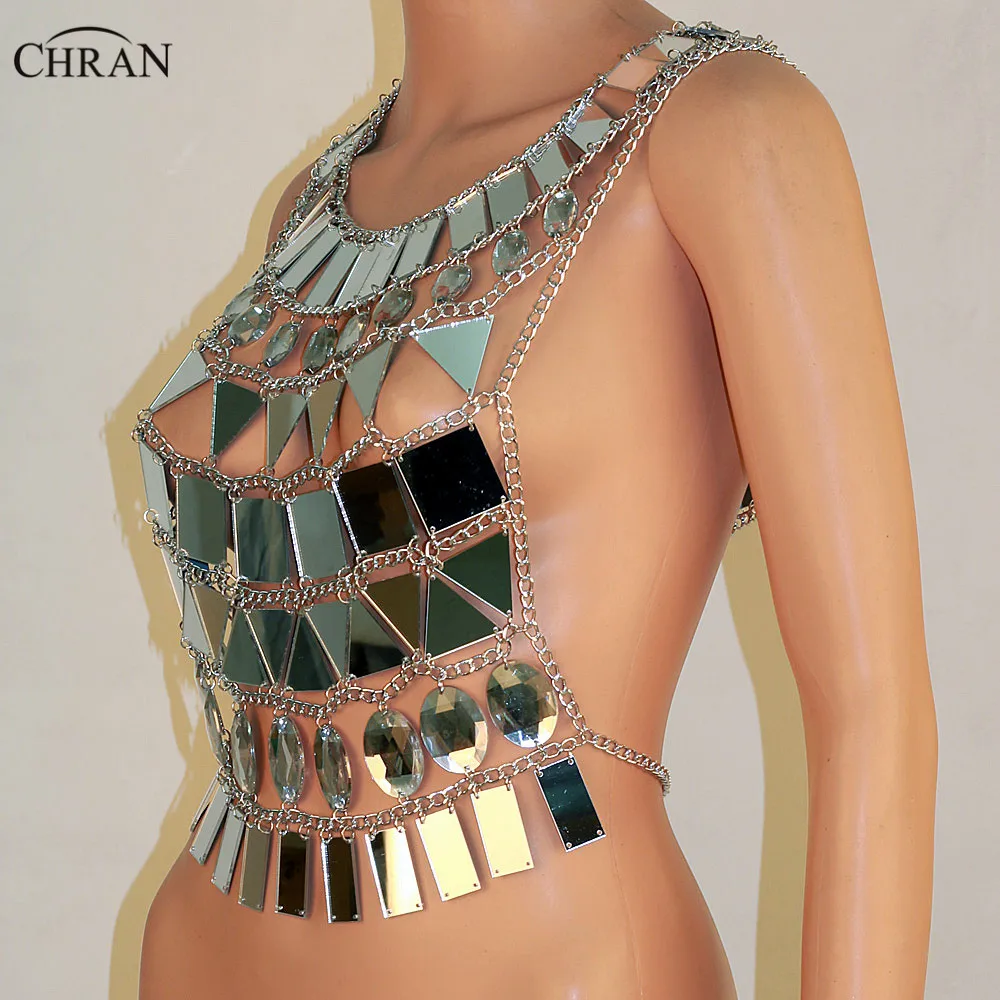 Chran Mirror Perspex Crop Top Chain mail Bra Halter Necklace Body Lingerie Metallic Bikini Jewelry Burning Man EDM Accessories