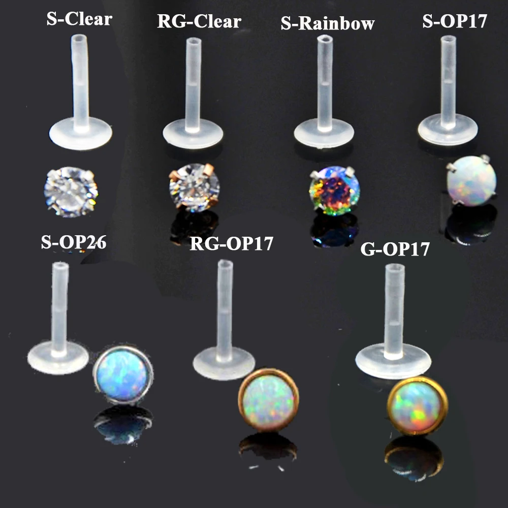 BOG-7PCS AB&Clear&Opal Zircon Bioplast PTFE Labret Lip Bar Ring Monroe Lip Stud Ear Cartiliage Tragus Helix Piercing stud Ring