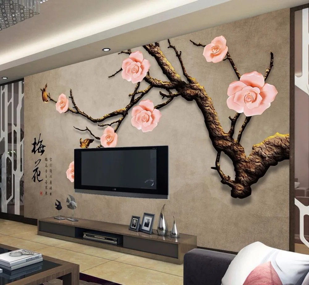 

beibehang Home decoration wallpapers custom wall painting tricks flower and bird relief plum murals TV sofa background wallpaper