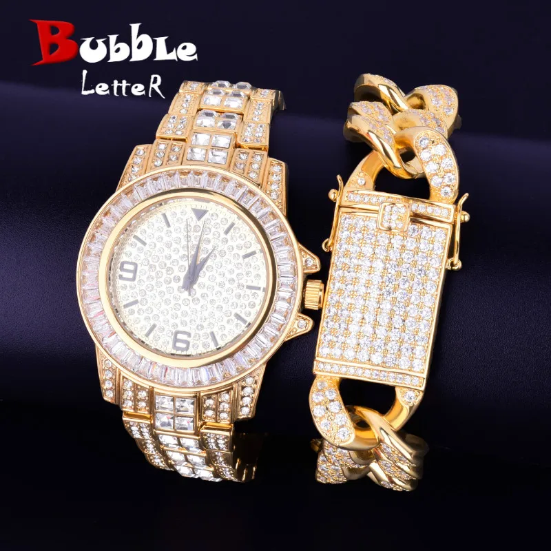 

Men's Watch Bracelet Set 40mm Dial Military Quartz Clock Luxury Baguett Rhinestone wrist watches With 8inch Cuban Bracelet