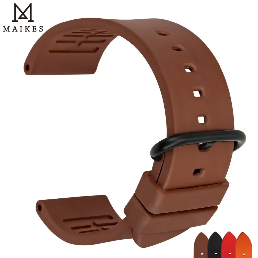 MAIKES Watch Accessories Sport Watch Strap 20mm 22mm 24mm Diver\'s Watchband Brown Fluoro Rubber Watch Band For Fossil Watch