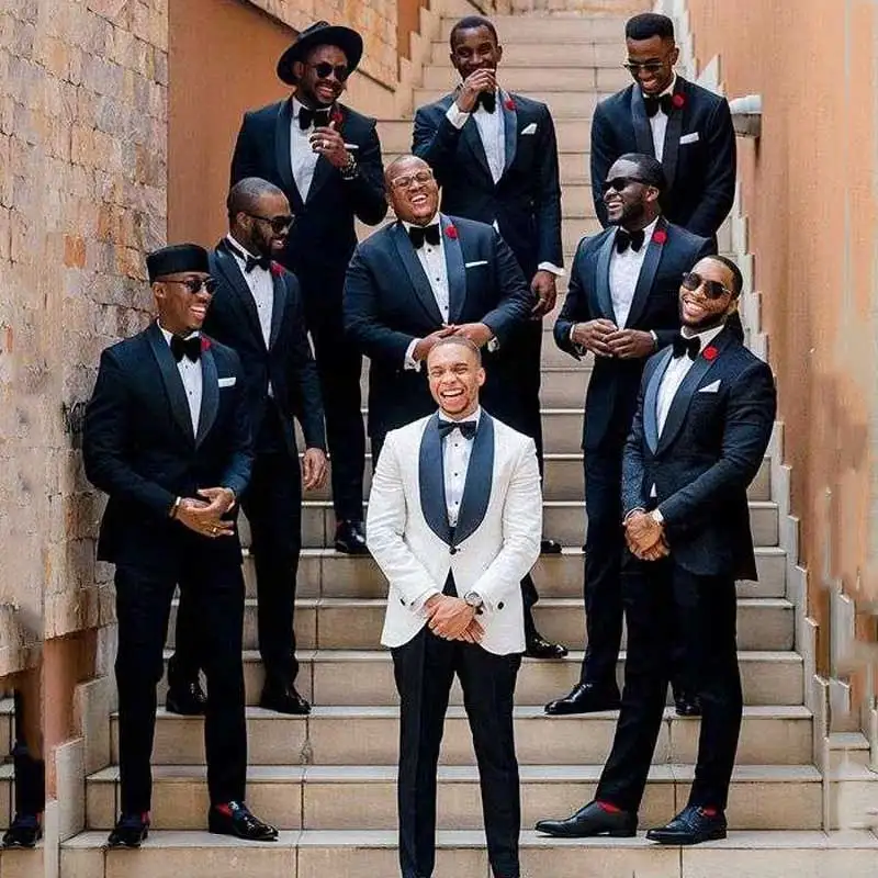 

Men's Custom Made Wedding Suit Pants White Groom Tuxedos Black Best Man Blazer Navy Blue Shawl Lapel Terno Masculino 2Piece