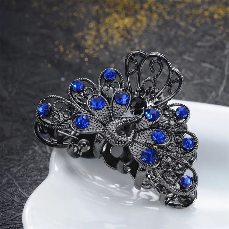 Vivid Peacock Hair Claws For Women Vintage Hair Jewelry Charm Big Rhinestone Crystal Crab Clip Wedding Hair Accessories Hairpin