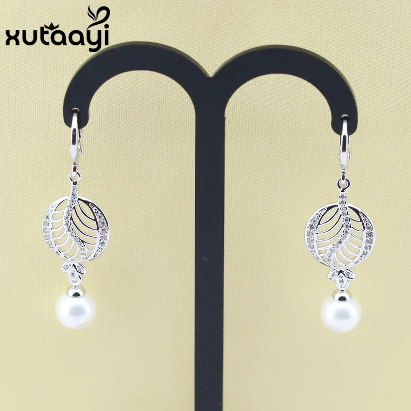 Natural freshwater Round drop pearl earrings  silver hoops fashion jewelry for Women white gold color Leaves ear loops