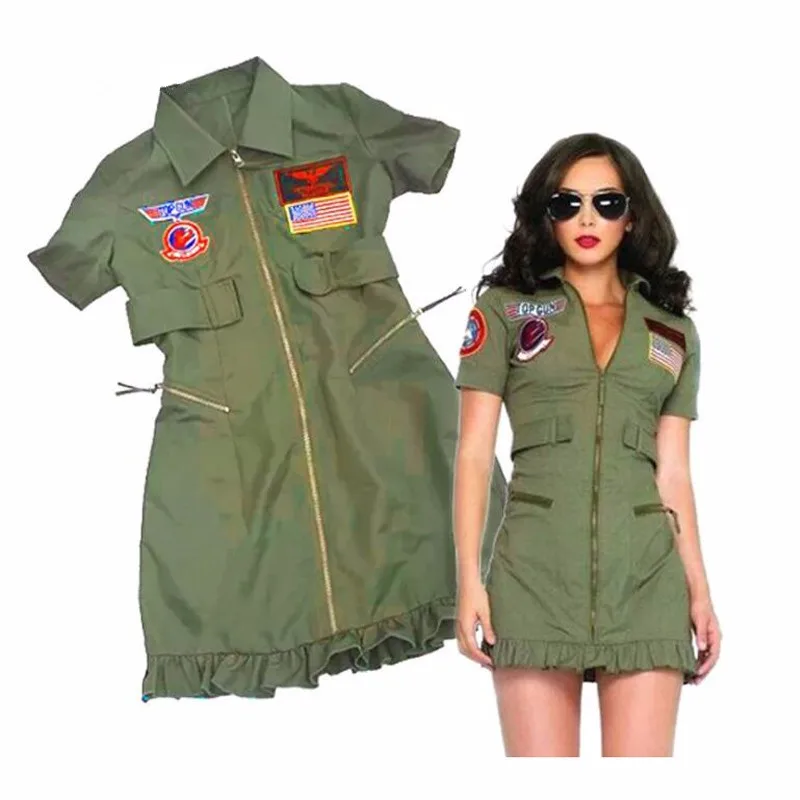 Female Police Uniform Adult Womens Sexy Top Gun Dress Army Green Costumes Halloween Party Police Costumes