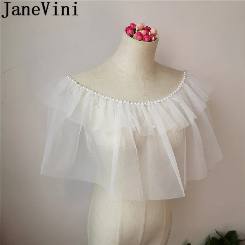 JaneVini – Capes de mariée en Tulle pur pour femmes, couleur Champagne blanc, perles, été, Boleros, fête de mariage, châle, enveloppes