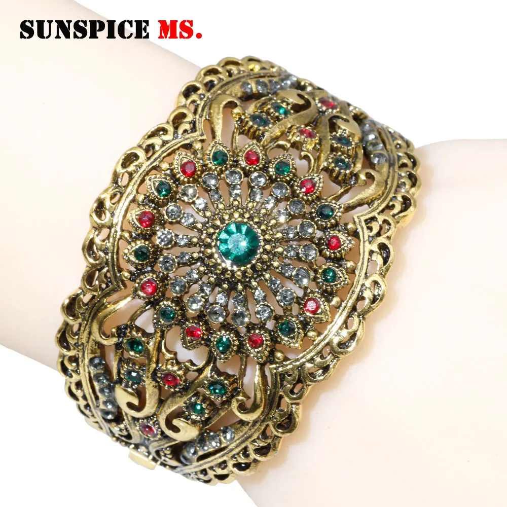 Sunspicems Antique Bronze Algeria Morocco Women Bangle Rhinestone Flower Cuff Bracelet Ethnic Arab Wedding Jewelry Family Gift