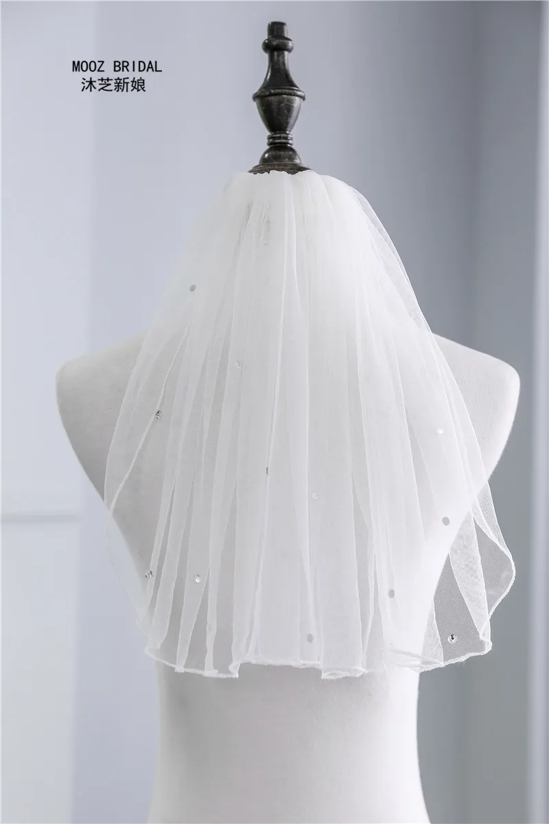 Pecil Edge Soft Tulle Glass Rhinestones Ivory Short Bridal Veil with Comb