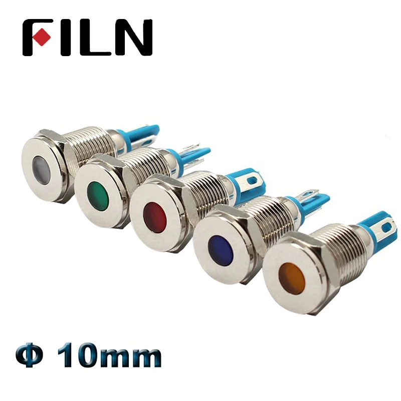 FILN 0.39 inch 10mm LED Metal LED Indicator Light Pilot Lamp Signal Lamp 12V 24V Car Boat Red Green Blue Amber LED Indicator