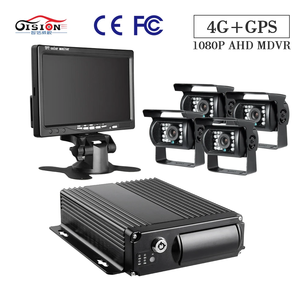 7-inch VGA Monitor With 4Pcs Waterproof AHD Backup surveillance cameras 4CH Truck record 4G+GPS  SD Mobile DVR kits