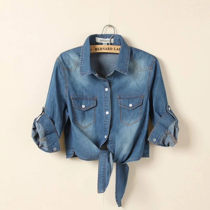 Spring Summer Korean Style Short Shawl Shirt 2020 Women Denim Bow Jeans Small Cape Shirts BS063