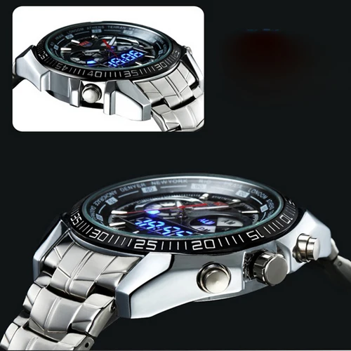 Hot TVG Male Sports Watch Men Full Stainless Steel Waterproof Quartz-watch Digital Led Analog Dual Display Men\'s Wrist Watches