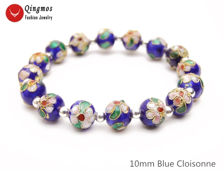 Qingmos Trendy China Feature Cloisonne Bracelet for Women with 10mm Round Blue Cloisonne Beads Bracelet Jewelry 7.5'' bra123