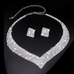2023 New Luxury Classic Crystal Wedding Jewelry Sets for Women Clear Geometric Rhinestone Necklace Set Bridal Engagement Jewelry