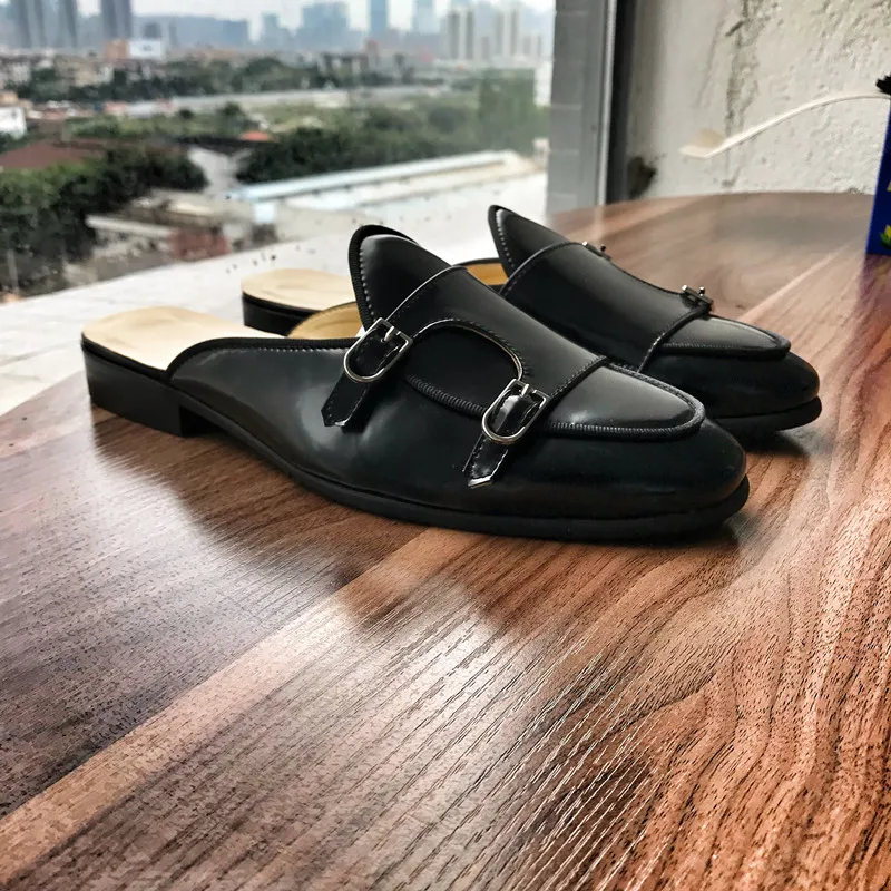 

SHOOEGLE Men Fashion Black Blue Buckle Mule Shoes Slip-on Loafers Slippers Comfortable Outdoor Casual Luxury Handmade Shoes