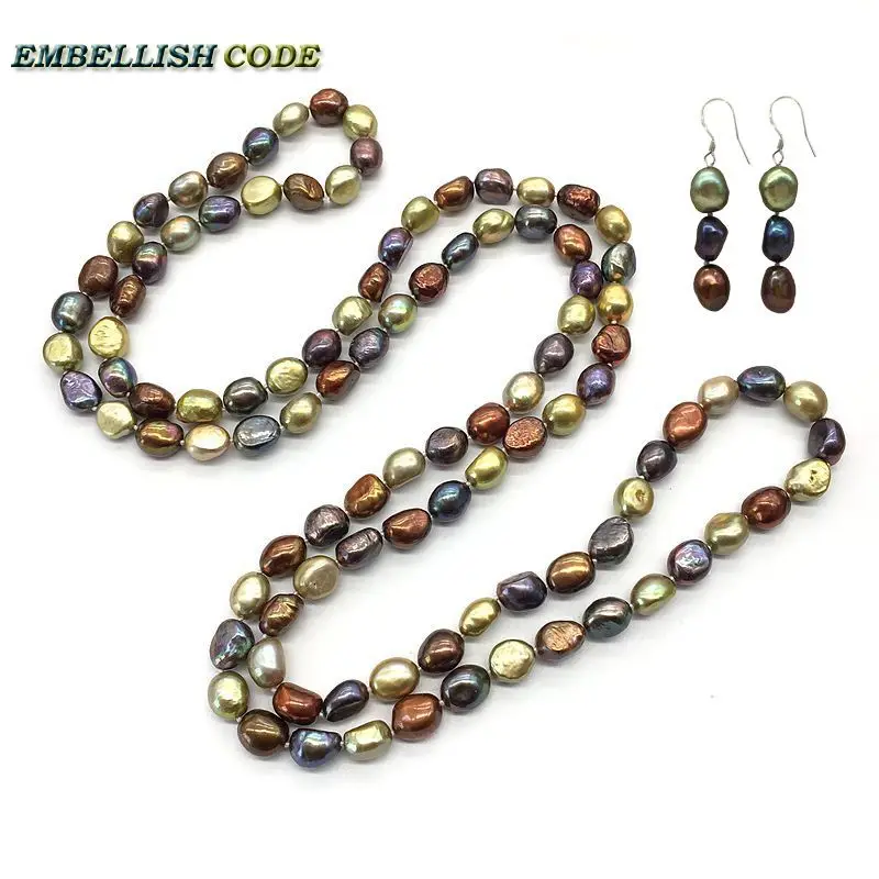 selling well Stunning long necktie necklace earring set small baroque pearls real natural freshwater pearl Peacock yellow brown