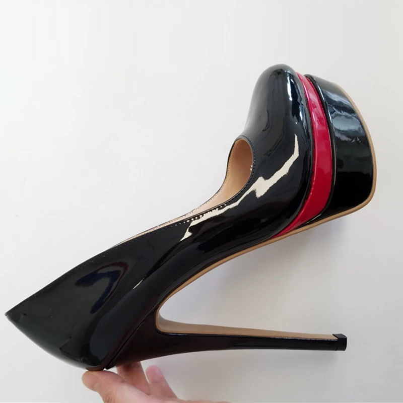 Onlymaker Women Pumps Black Patent Leather Double Platform 16cm Thin High Heels Slip On Stilettos Party Dress Sexy Shoes