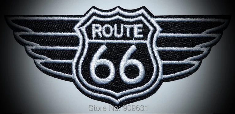 

New ! SPONSORED Route 66 retro muscle cars americana EMBROIDERED PATCH BLACK IRON-ON APPLIQUE Highway Road Sign Biker