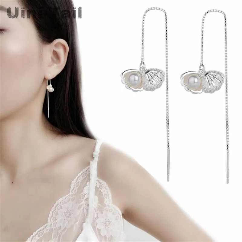 Uini-Tail hot new 925 Tibetan silver Korean sweet shell earrings long pearl tassel earrings wild temperament simple fresh ED245