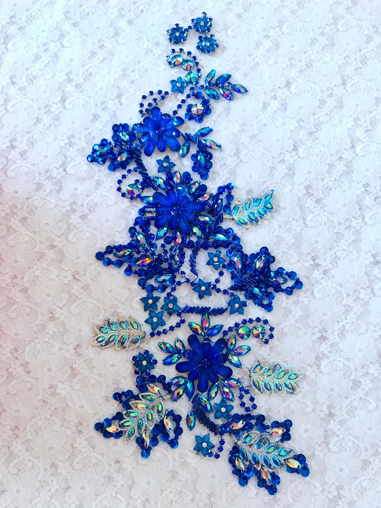 50*30cm handmade  crystal patches sew on blue rhinestones applique on mesh for  dress  accessories