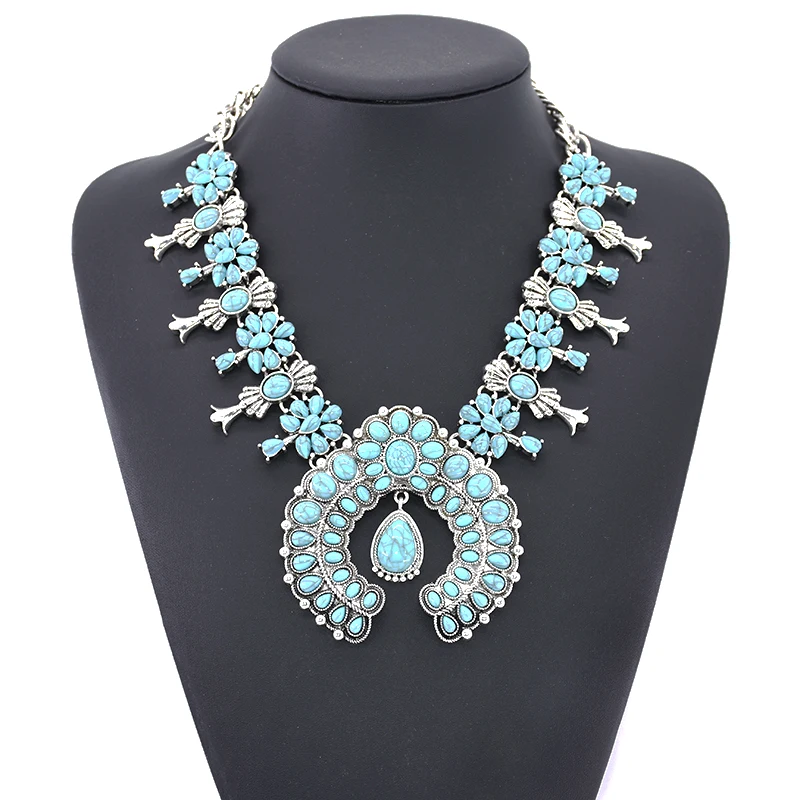 2024 New Indian Ethnic Statement  Turquoise Resin Necklace Women Bohemian Big Chunky Vintage Squash Necklace Jewelry